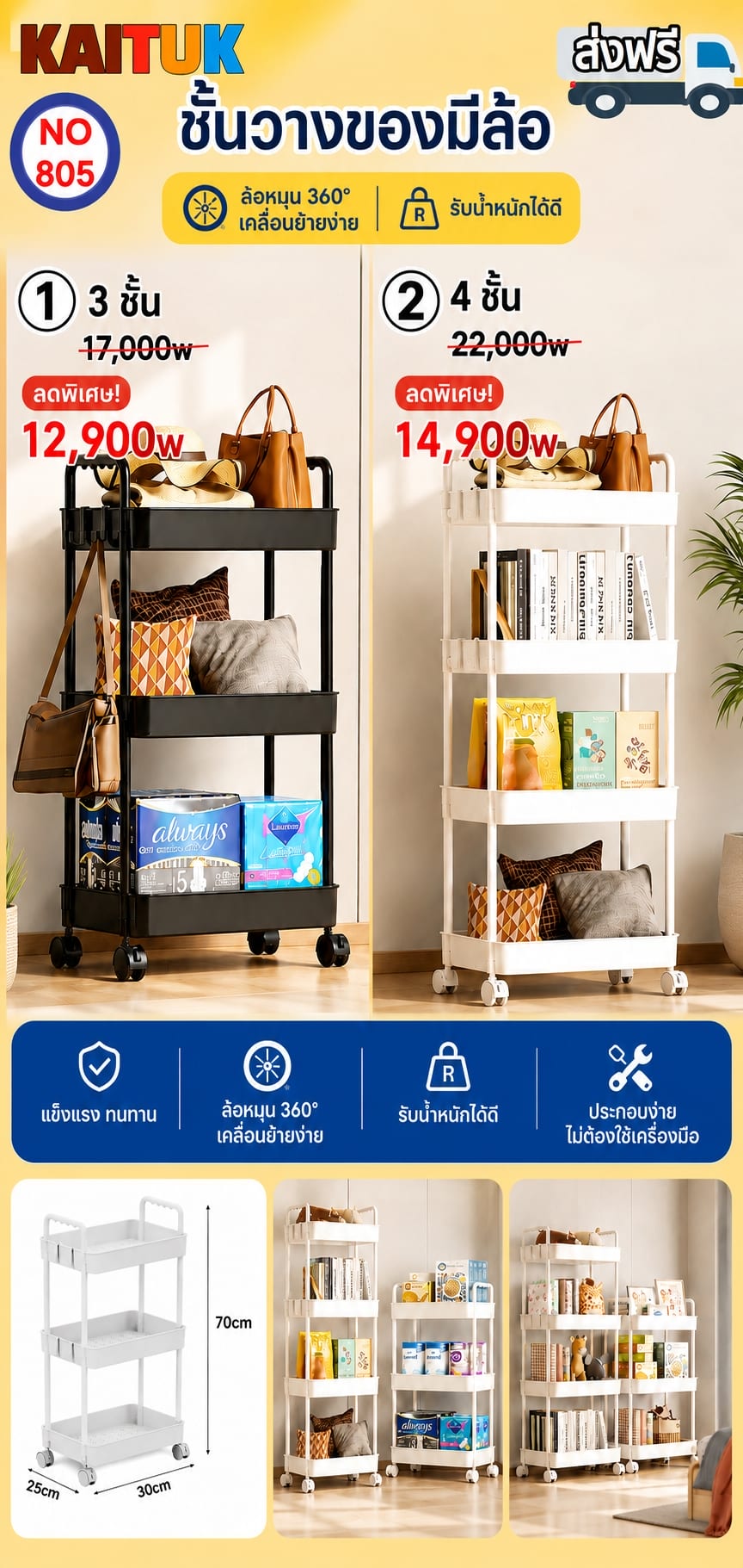 ชั้นวางของมีล้อ 3/4 ชั้น