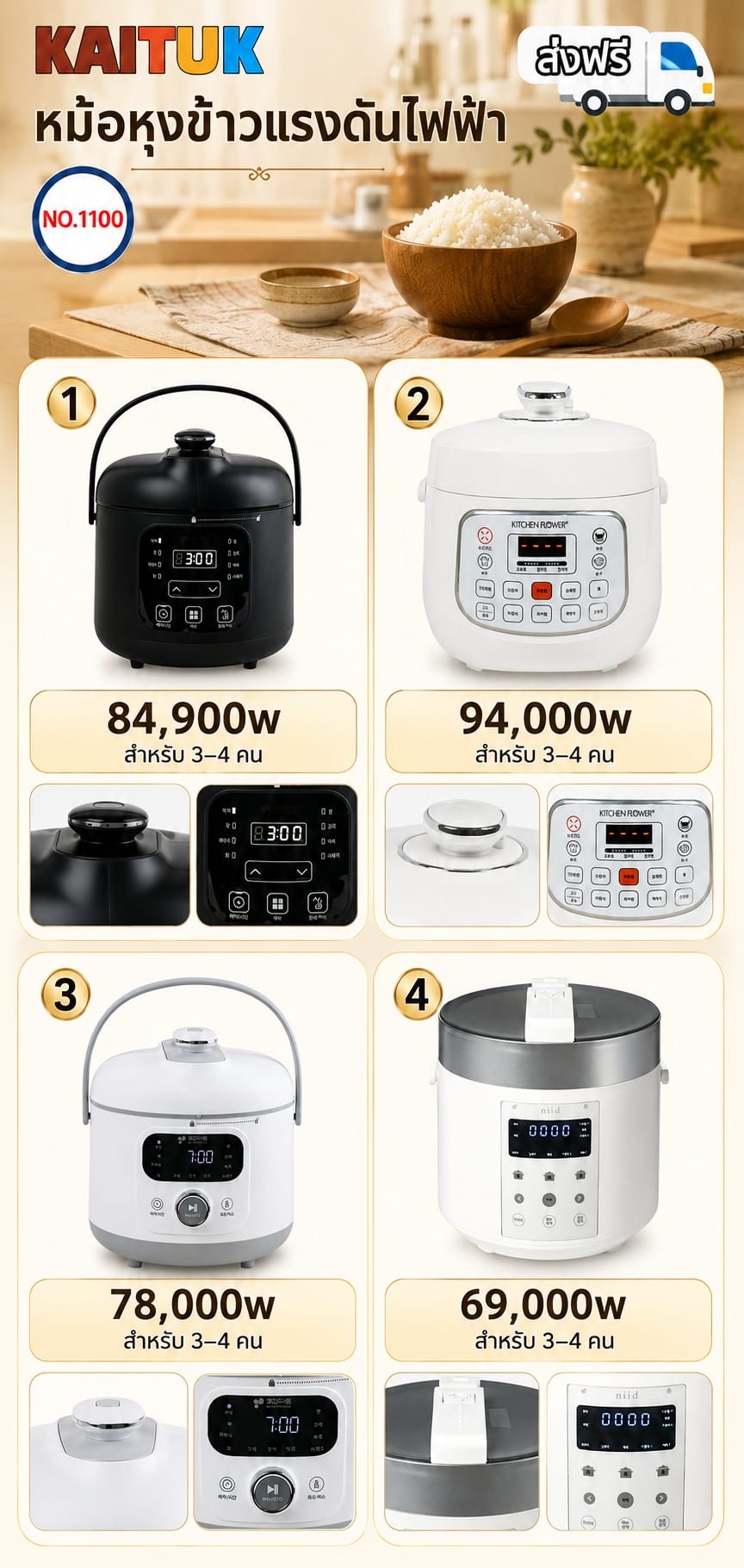 หม้อหุงข้าวแรงดันไฟฟ้า 4 แบบ